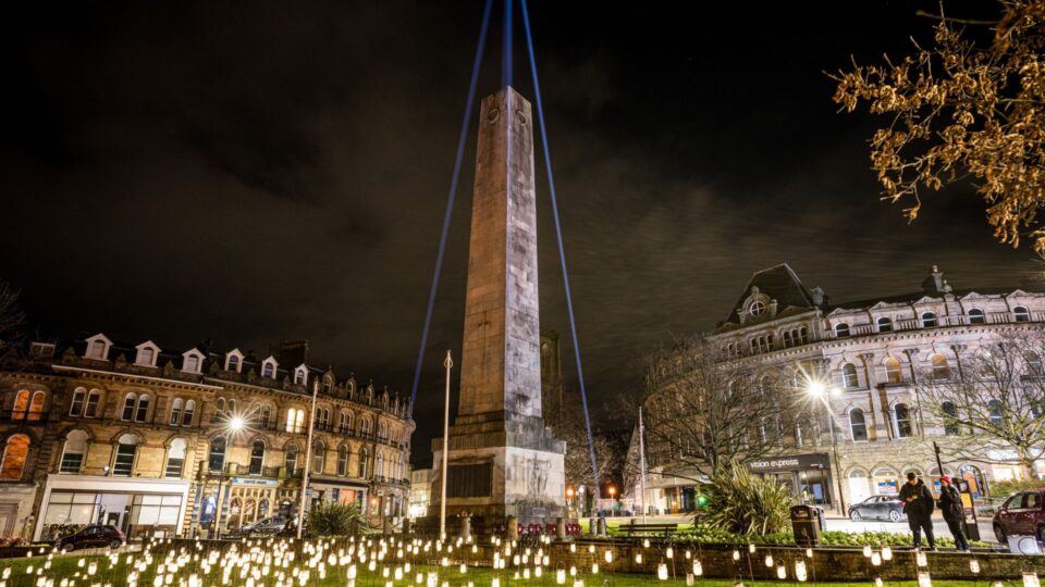 The Cenotaph in Harrogate is lit up for BEAM.