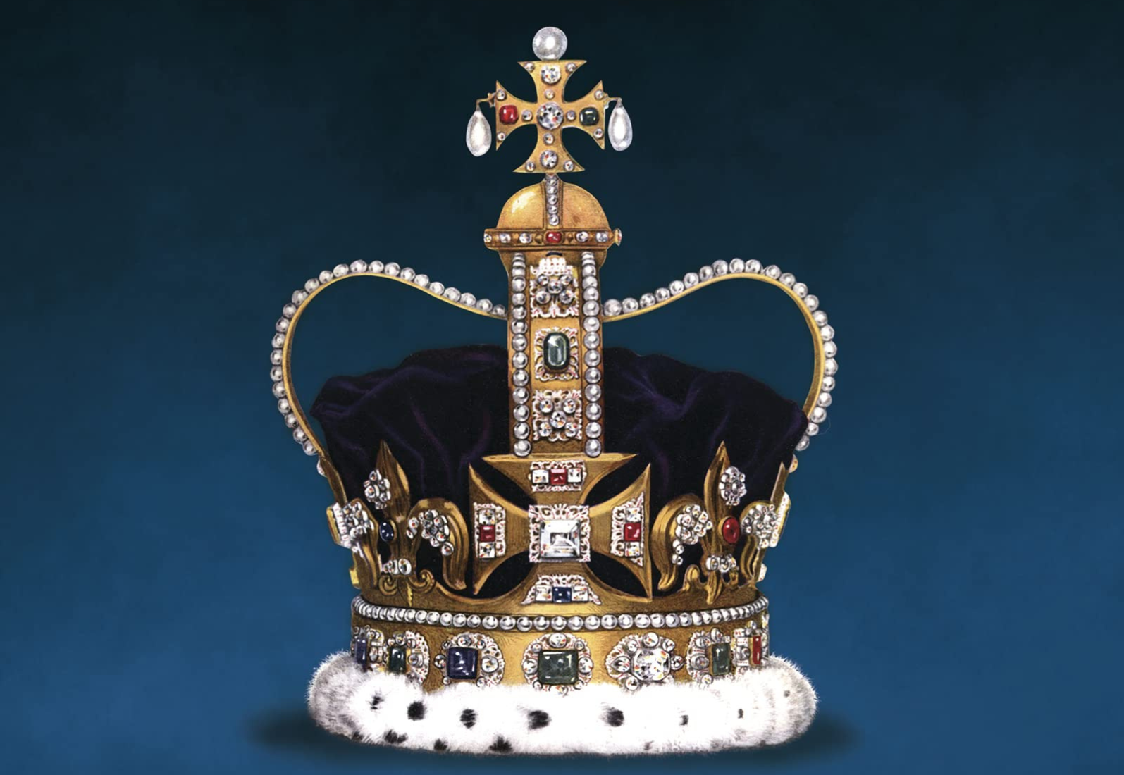 A royal blue crown encrusted with jewels.