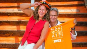 Sharon Canavar and Mark Smith from HACS on the orange steps